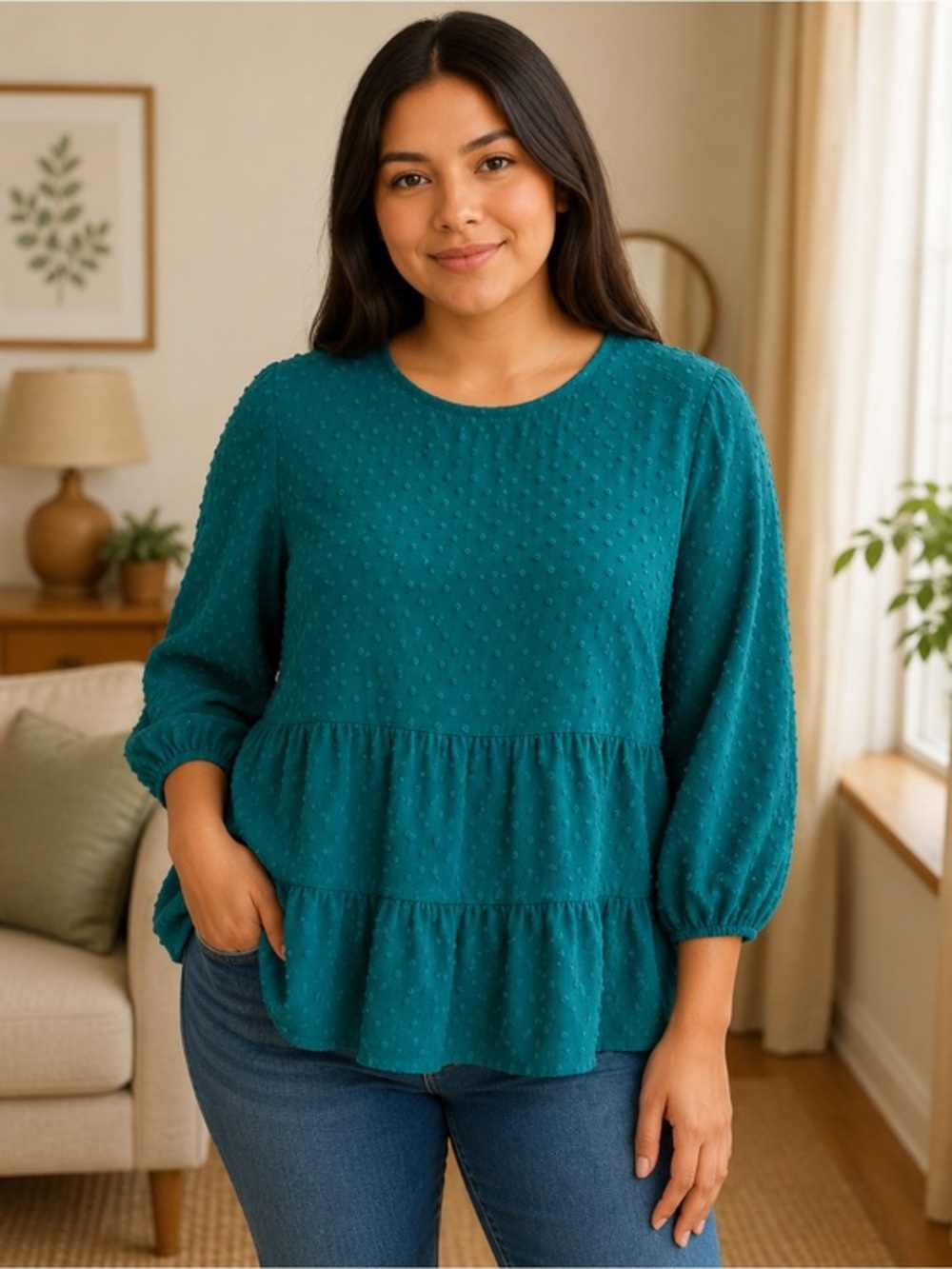 Blu Pepper Teal Swiss Dot Tiered Peplum Blouson Sleeve Top NWT M #1248